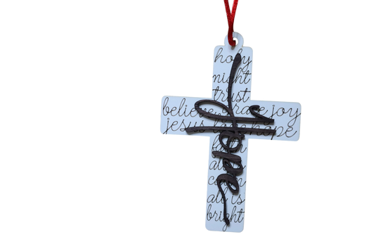 Trail and Timber Co Faith Cross ornament featuring white wood with black script text and a dark wood layered cross
