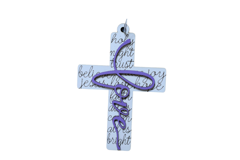 Load image into Gallery viewer, Trail and Timber Co Faith cross ornament featuring a white wooden base with script text and a purple love overlay
