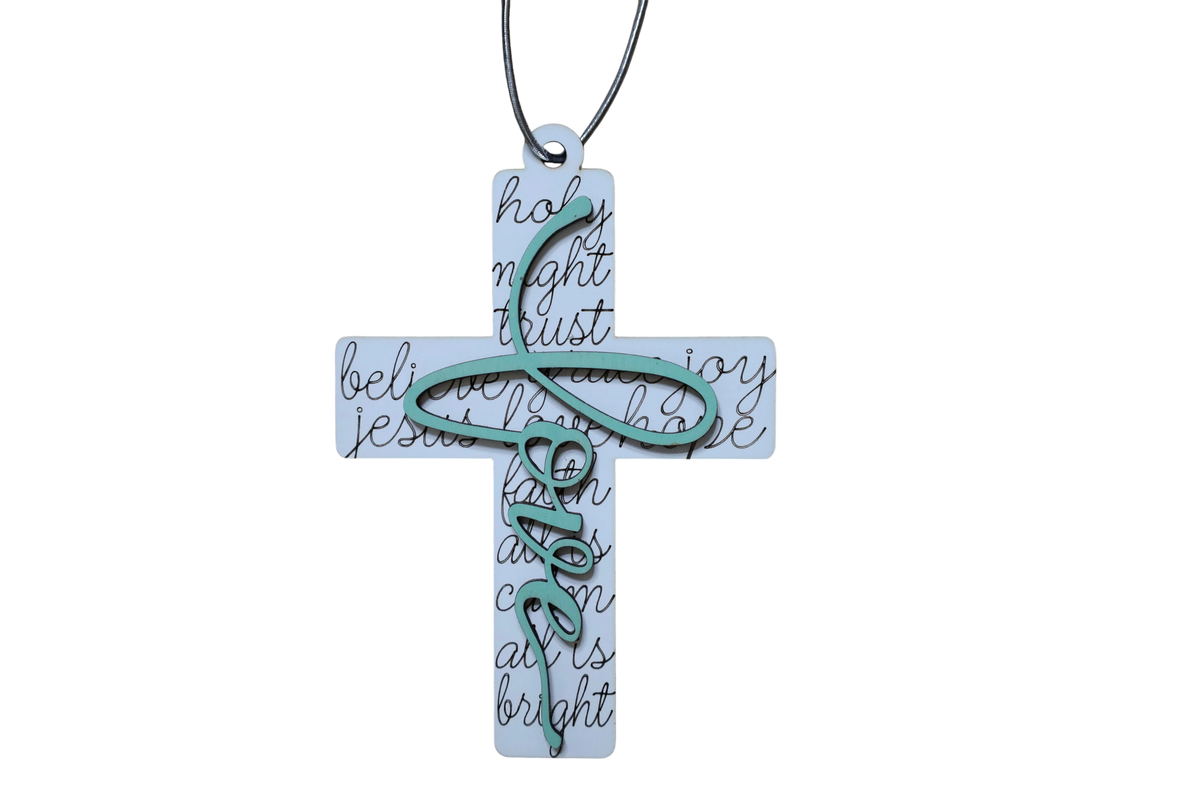 Trail and Timber Co Faith Cross ornament featuring white wood with black script text and a teal layered love cutout