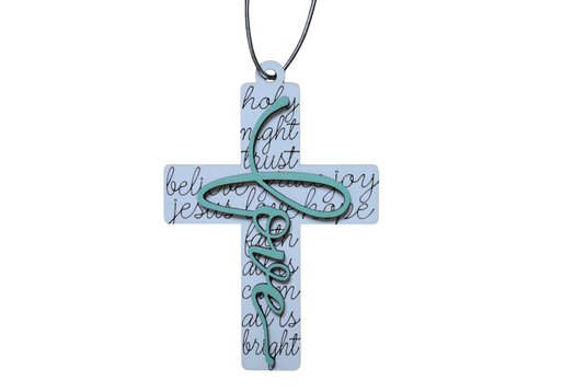 Trail and Timber Co Faith Cross ornament featuring white wood with black script text and a teal layered love cutout
