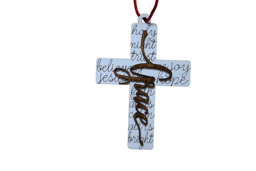 Trail and Timber Co Faith Cross ornament with white background, black script text, and dark wood Grace overlay.