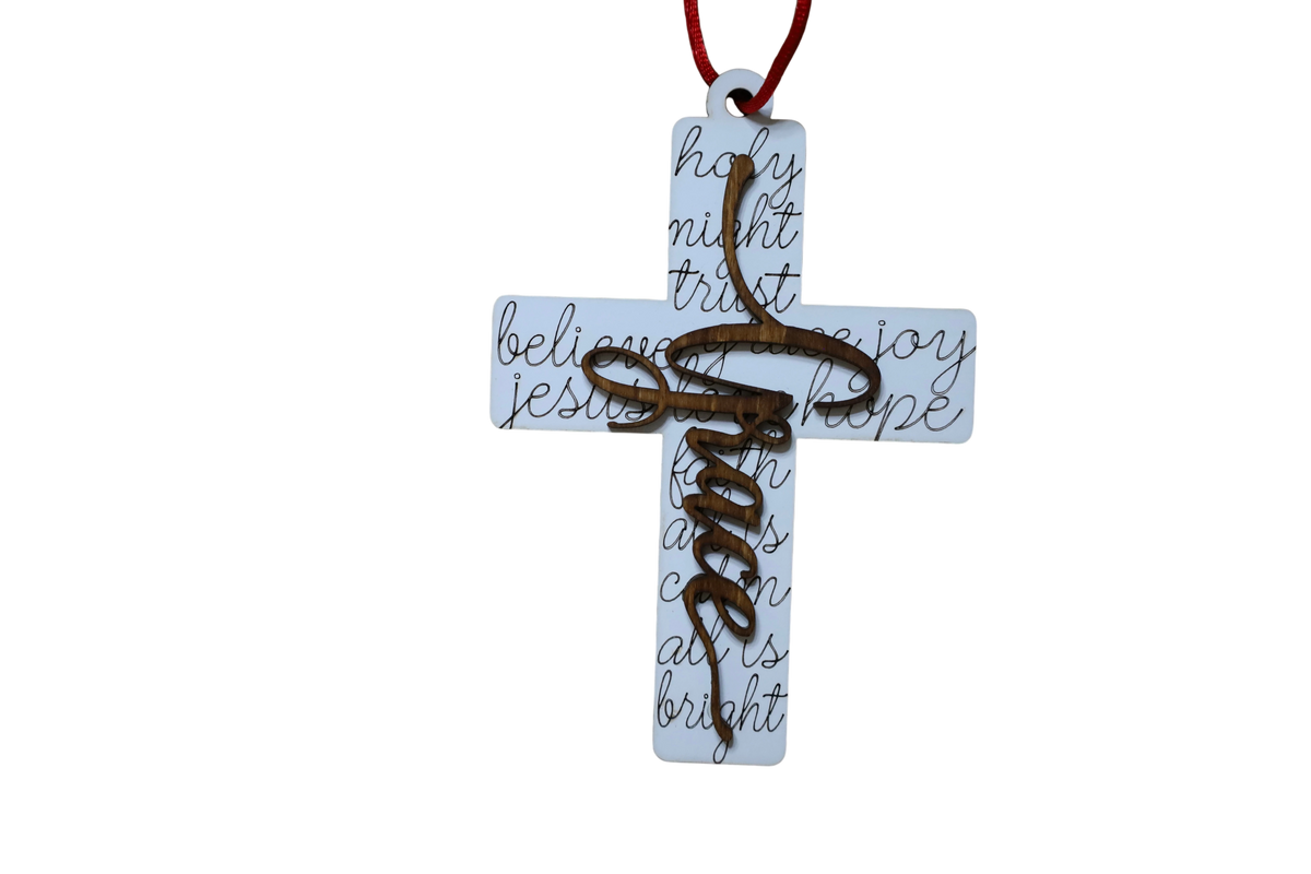 Trail and Timber Co Faith Cross ornament with white background, black script text, and dark wood Grace overlay.