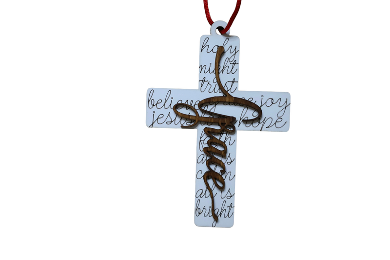 Load image into Gallery viewer, Trail and Timber Co Faith Cross ornament with white background, black script text, and dark wood Grace overlay.
