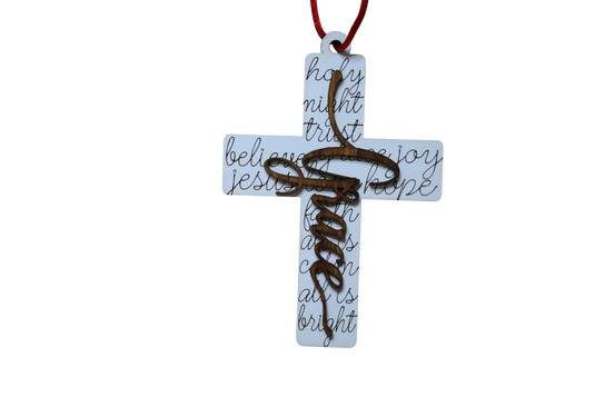 Trail and Timber Co Faith Cross ornament with white background, black script text, and dark wood Grace overlay.