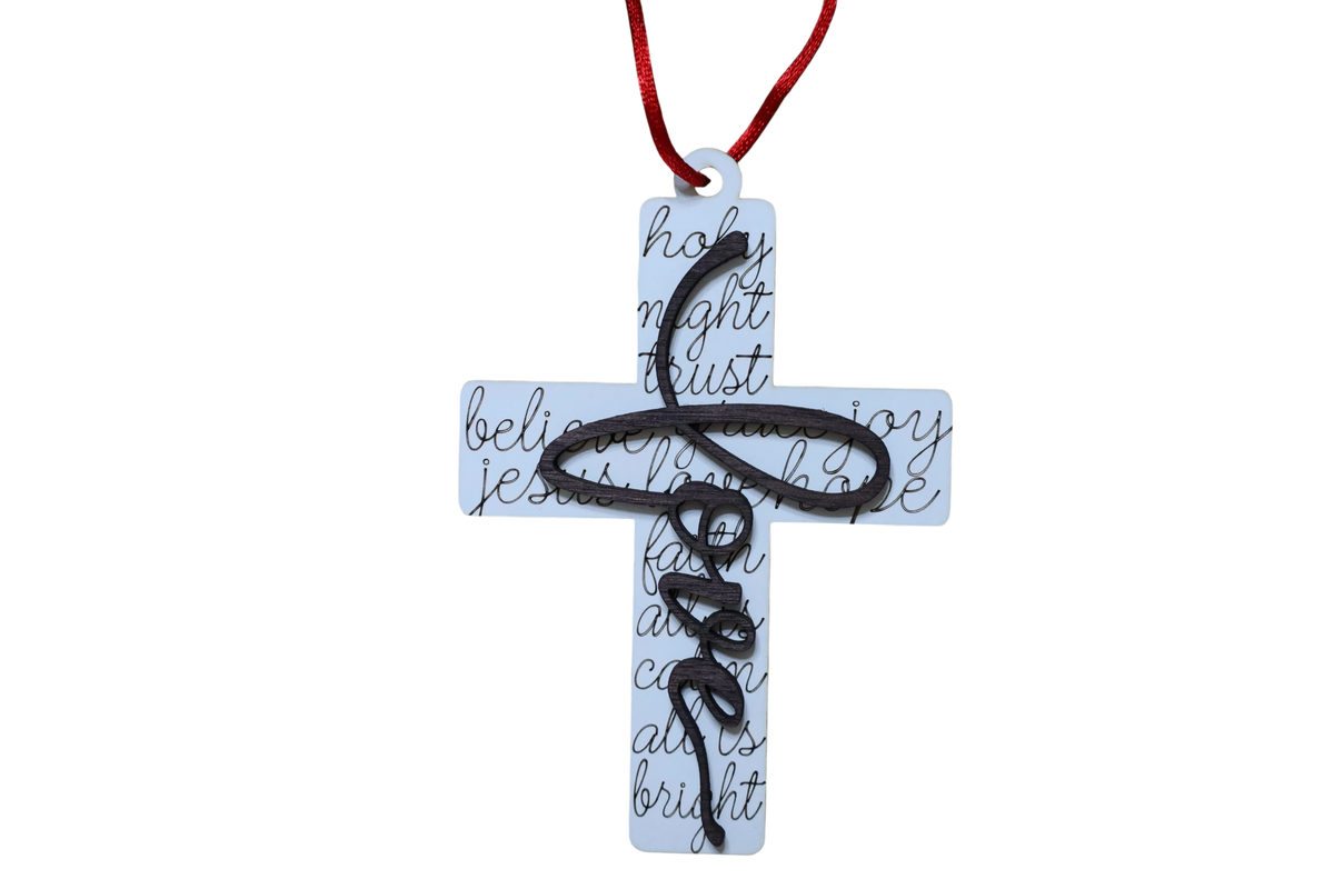 Trail and Timber Co Faith Cross ornament featuring white wood with black script text and a dark wood love overlay.