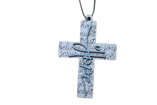 Trail and Timber Co Faith cross ornament featuring white wood with black script text and a blue layered hope cutout