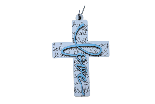 Trail and Timber Co Faith Cross wall hanging with white background, black script text, and blue cursive love overlay