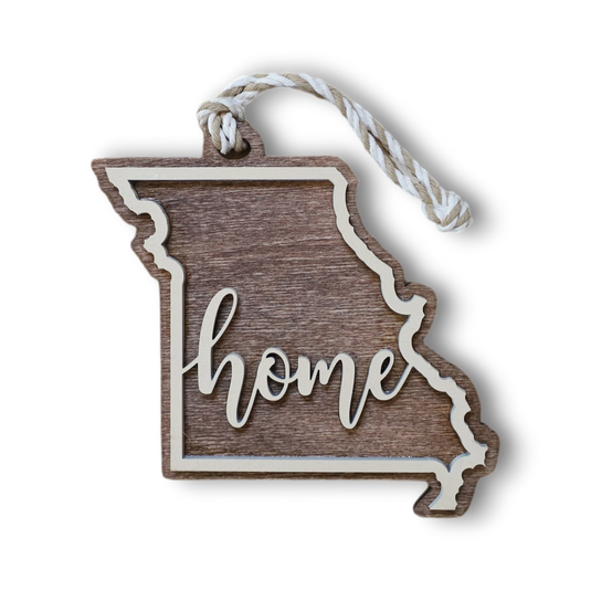 Trail and Timber Co. laser-cut wooden Missouri state ornament with Home inscription and hanging twine
