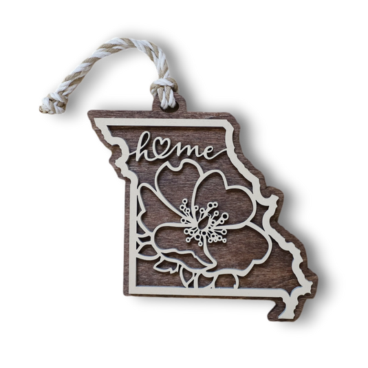 Trail and Timber Co. laser-cut wooden Missouri state ornament with floral Home design and hanging twine.
