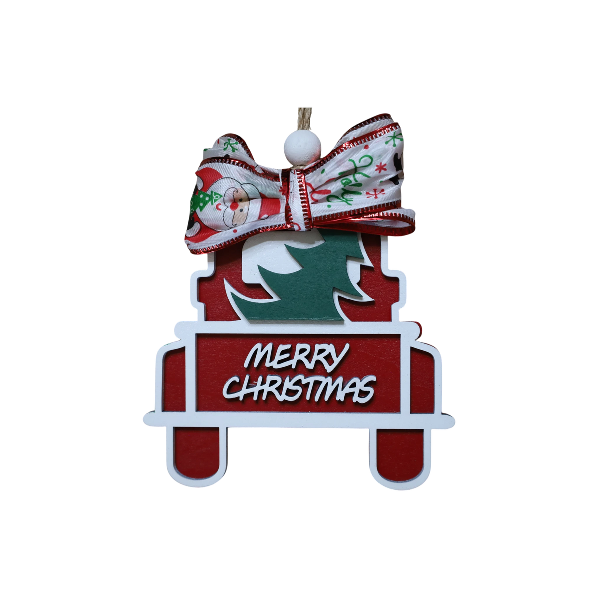 Trail and Timber Co red wooden truck Christmas ornament with a green tree and festive Santa Claus patterned bow