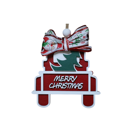 Trail and Timber Co red wooden truck Christmas ornament with a green tree and festive Santa Claus patterned bow