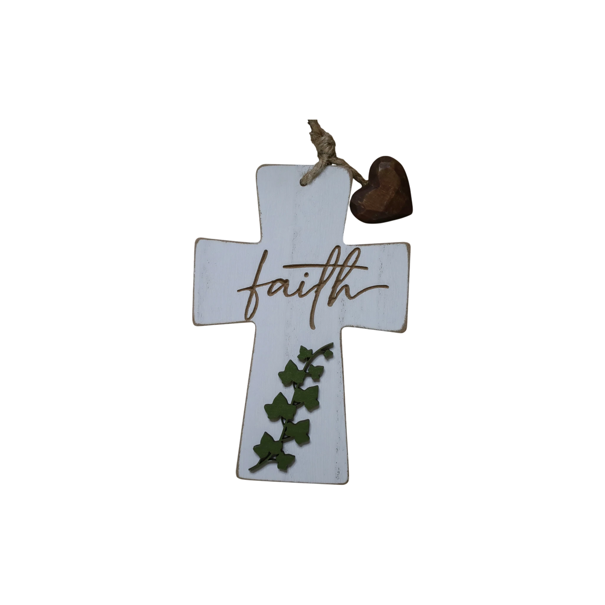 Trail and Timber Co white wooden cross ornament featuring the word faith, green ivy leaves, and a small brown heart.