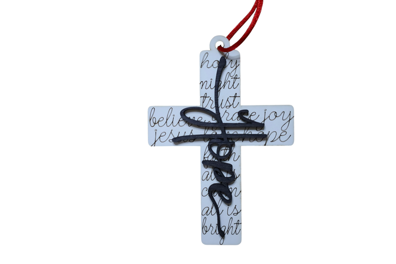Load image into Gallery viewer, Trail and Timber Co white wooden cross ornament with black script lettering and a red hanging cord
