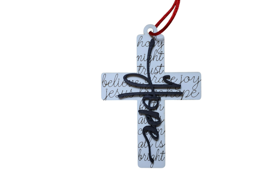 Trail and Timber Co white wooden cross ornament with black script lettering and a red hanging cord