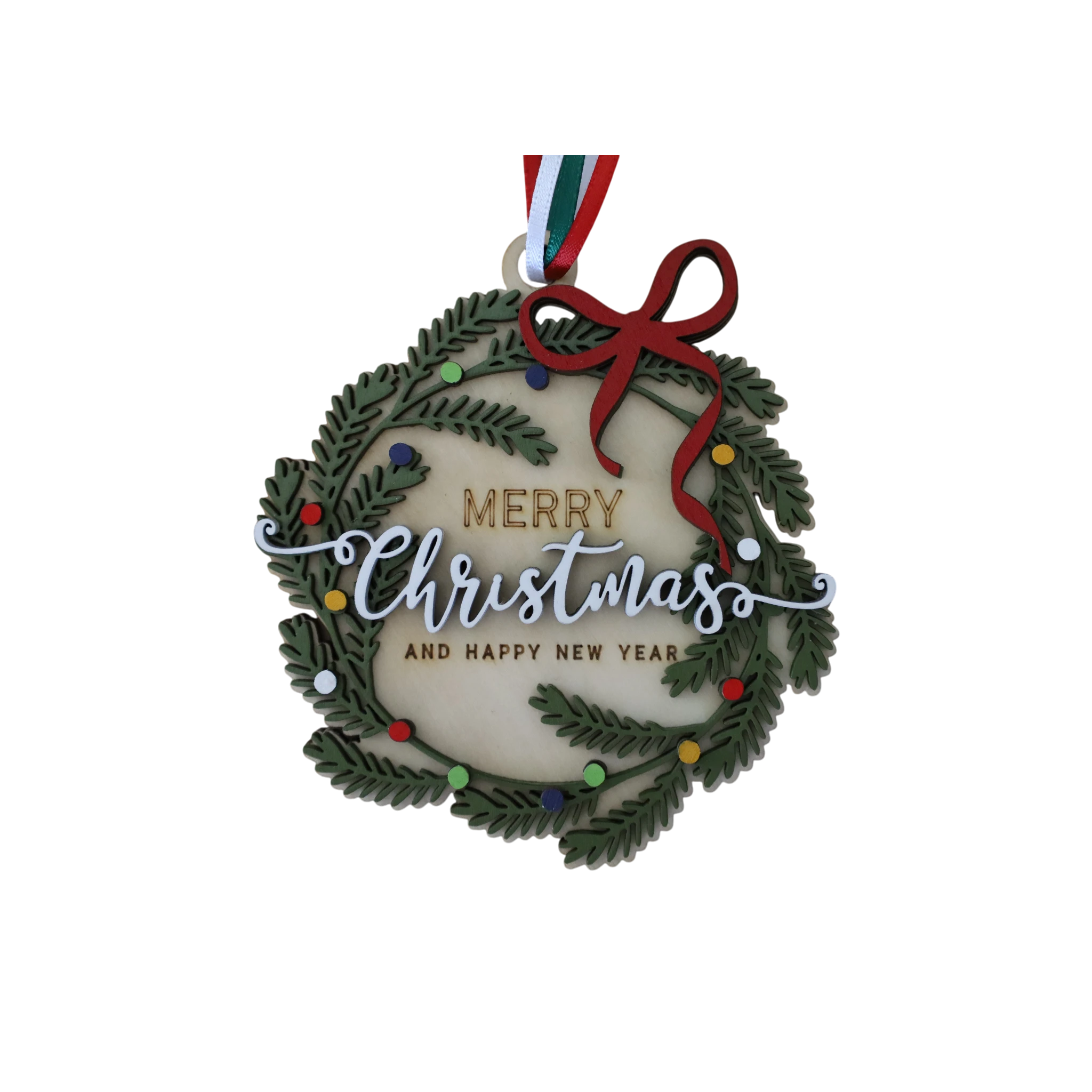 Trail and Timber Co wooden Christmas wreath ornament with green pine needles, red bow, and festive holiday text