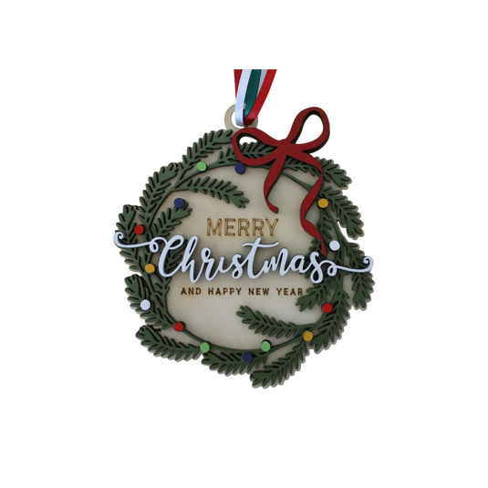 Trail and Timber Co wooden Christmas wreath ornament with green pine needles, red bow, and festive holiday text