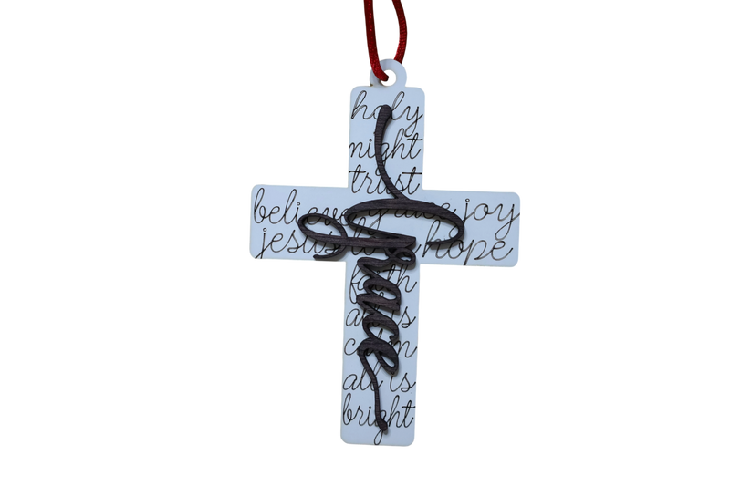 Load image into Gallery viewer, Trail and Timber Co white wooden cross ornament featuring black script text and a red hanging ribbon
