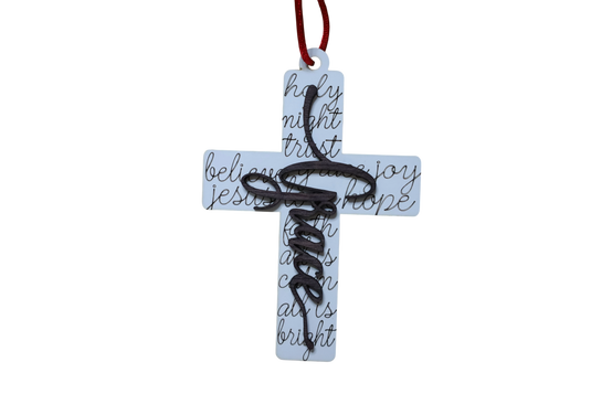 Trail and Timber Co white wooden cross ornament featuring black script text and a red hanging ribbon