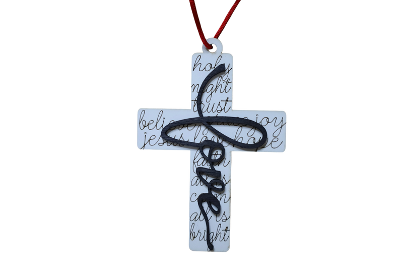 Load image into Gallery viewer, Trail and Timber Co white wooden cross ornament featuring black script text and a decorative black cursive love overlay
