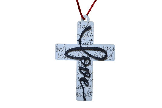 Trail and Timber Co white wooden cross ornament featuring black script text and a decorative black cursive love overlay